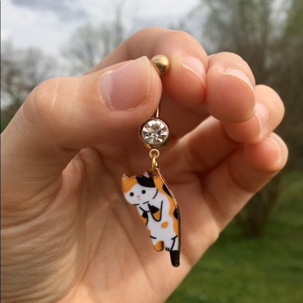Dangle Cat Belly Button Rings - Picture 2 of 4
